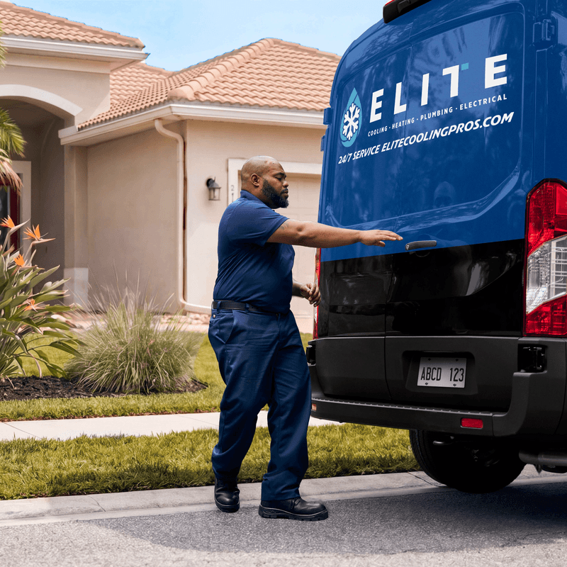 An Elite technician arrives at a home ready to provide expert HVAC, plumbing, and electrical services.